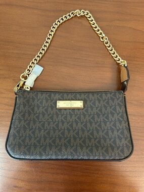 Michael Kors Brown and Gold Logo Shoulder Clutch
